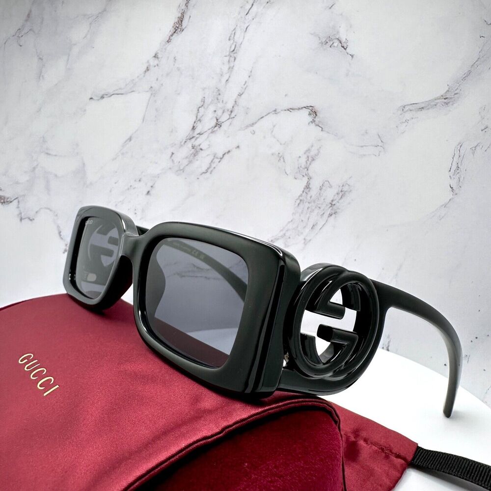 New Gucci Sunglasses Black Rectangle Square GG Logo Triple Black 54mm - Picture 10 of 16